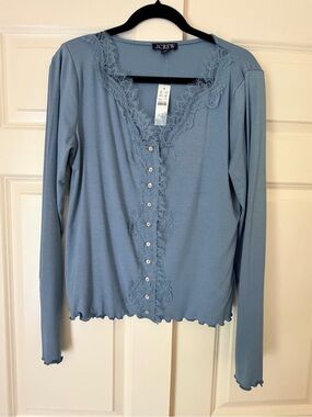 J. Crew Dusty Blue Lace-Trim Long Sleeve Button Cardigan